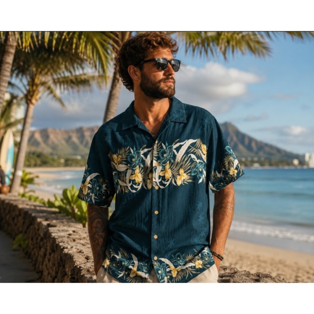 Original Island‎ Sport Hawaiian Shirt Medium Teal Floral Rayon Tropical Beach